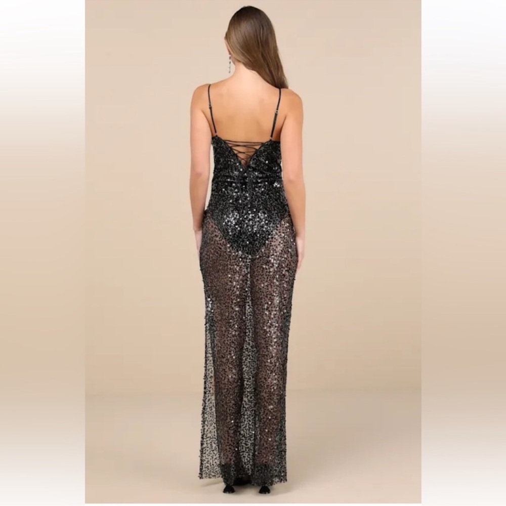 NWT Lulu’s Enticing Mindset Black Sheer Mesh Sequin Lace-Up Maxi Dress - Medium - Picture 2 of 14